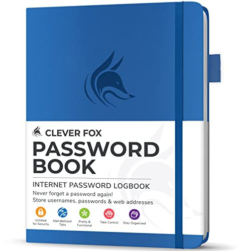 Clever Fox Password Book with alphabetical tabs. Internet Address Organizer Logbook. Small Pocket Password Keeper for Website Logins (Royal Blue)