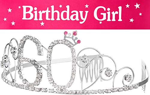 Haarreif Krone + Schärpe Birthday Girl 60. Geburtstag Happy Birthday Kristall Strass Krone Verzierungen Hochzeit Haar Haarband Kamm Stirnband für Frauen (Krone 60 + Schärpe)
