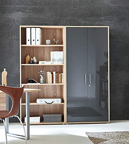 Schrankwand TABOR 1 hoch Aktenschrank abschließbar Büroschrank Regal in 5 Farben (Sonoma Eiche/anthrazit Hochglanz)