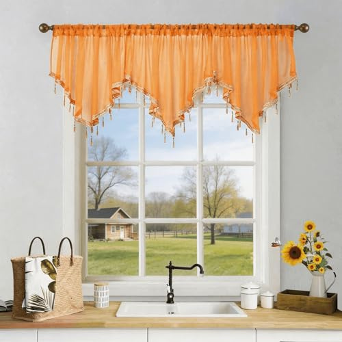 WUBODTI Tende trasparenti con perline arancioni per finestre della cucina, mantovane triangolari in voile trasparente, stile bohémien, con nappe, per camera da letto, bagno, soggiorno, 3 pezzi