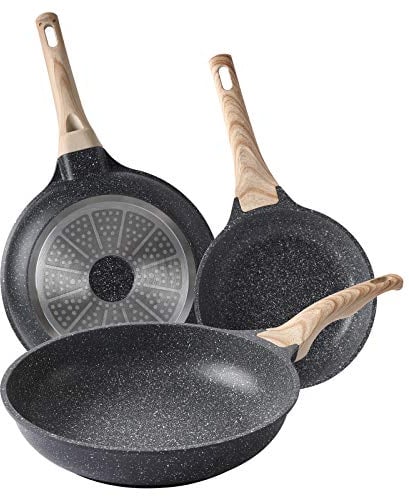 Motase Sartén antiadherente | Mejor revestimiento antiadherente de titanio suizo | Utensilios de cocina 100% libre de PFOA | Sartén de piedra (20+24+28cm)