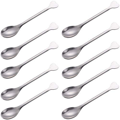 Goeielewe - Set di 10 mini cucchiaini da dessert, in acciaio inox, per dessert, tè, antipasto, manico a forma di cuore, 10 pezzi