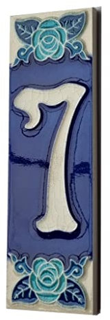 Numero civico Fosforescente dipinto a mano in ceramica italiana con numeri e lettere piastrelle, Rose Design, piastrelle Dimensioni: 15cm x 5cm (numero 7)