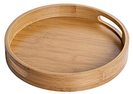 MOVKZACV - Vassoio rotondo in legno di bambù con manici per tavolino, cibo, ristorante e feste