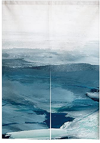 Japanese Noren Doorway Curtain Abstract Watercolor Blue Door Curtain Modern Ocean Art Painting Room Divider Home Decoration, 29 x 35 inch