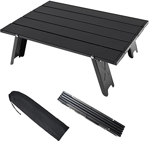 AKOFIC Table Pliante de Camping, Table en Aluminium Mini Pliable Portable Légère avec Sac de Transport, Petite Table d'Appoint Enroulable Pratique pour Barbecue Pique-Nique Plage Voyage (Noir)