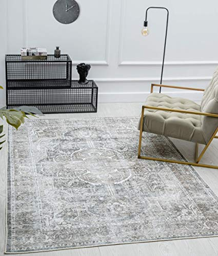 the carpet Zen Klassicher Vintage Wohnzimmer Teppich im Modernen Used Look, Superflach, Waschbar bis 30 Grad, Baumwollrücken, Orient Muster, Grau Braun, 80 x 150 cm