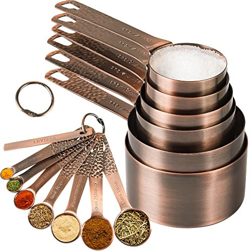 SPUVGVC Copper Measuring Cups and Spoons - 6 Plated Cups, 7 Metal Spoons, 1 Leveler - Dry Measure Set