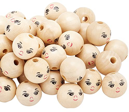 FINGERINSPIRE Gesicht Holzkugeln 50 Stück x 17,5mm Natur Holz Perlen mit Loch Smile Face Holzkugeln Rund Holzperlen für Makramee Auffädeln Armband Traumfänger Anhänger DIY Handwerk