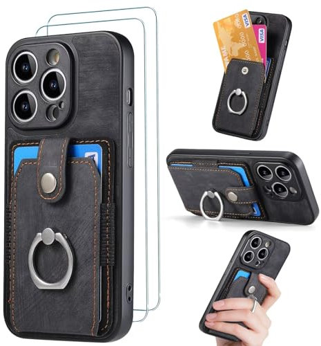 FMPCUON Coque pour iPhone 6/6s avec Verre Trempé Protection écran,Housse Cuir PU Portefeuille Anti-Scratch Cas Support-Noir