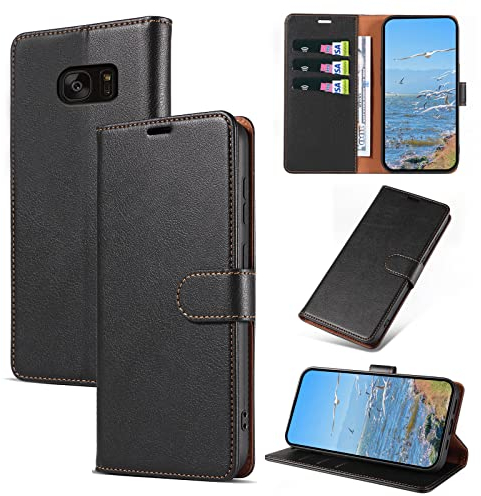 KKEIKO Hülle Kompatibel mit Samsung S7 Edge, Magnet Klappbar Handyhülle mit Kartenfach, PU Leder Stoßfest Schutzhülle für Samsung Galaxy S7 Edge, Schwarz