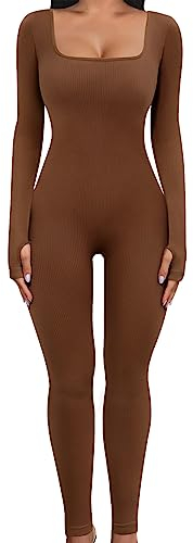UMIPUBO Women Yoga Jumpsuit Sports Romper Long Sleeve Square Neck Stretchy Playsuit Ribbed Knit Workout Outfit Slim Fit One Piece Bodysuit Fitness Sportwear Daily Wear (Coffee, S)