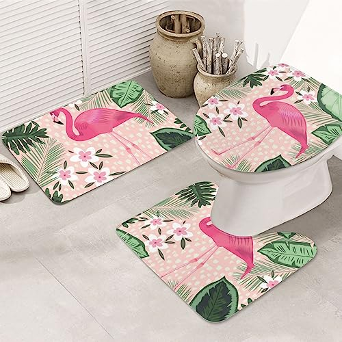 ROOZEE Flamingo Flanell rutschfeste Badteppiche Set - Dekorative Badematten Set 3-teilig