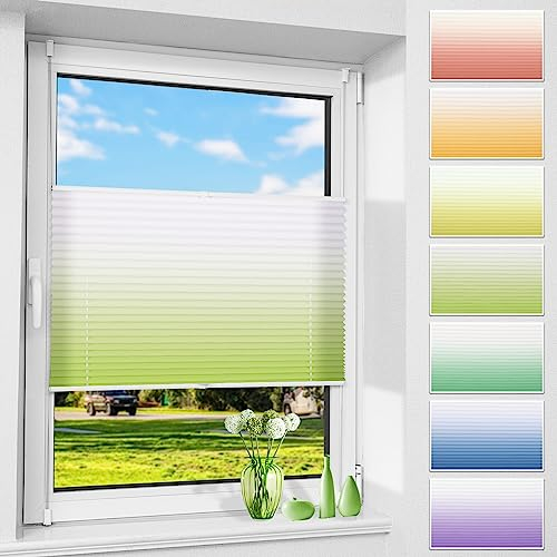 Allesin Plissee ohne Bohren mit Farbeverlauf, Grün-Weiß 70x120cm(BxH), Plissees Klemmfix, Plisseerollo Jalousie Rollos für Fenster und Tür, Sichtschutz und Sonnenschutz