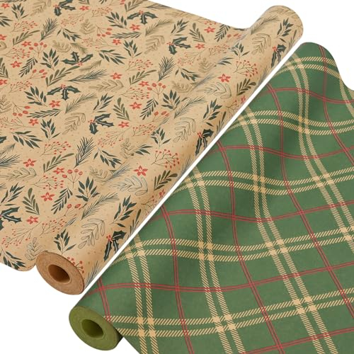 AhfuLife 2 Rouleau Kraft Papier Cadeau de Noël, 43cm×15m Recyclable Papier d'Emballage pour Enfant Emballage des Cadeaux, Décoration de Noël (F: Kraft Vintage)