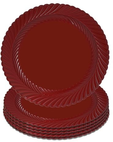 Gifturbo Runde 33 cm rote Platzteller, 6 Stück, Kunststoff-Ladegeräte für Speiseteller mit geprägtem Rand, Weihnachten, Hochzeit, elegantes Dekor, Platzset