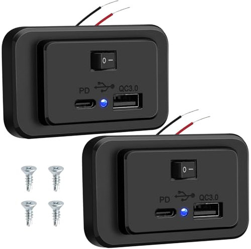 2pcs Toma de Cargador de Coche USB C Carga Rápida PD2.0+QC3.0 con On/Off Interruptor, DC12V-26V Panel de Enchufes Dual USB Adaptador con LED para Automóviles Barcos Camiones RVs Autocaravana