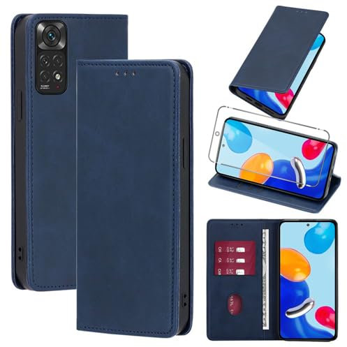 Vauki Coque Cuir pour Xiaomi Redmi Note 11/Note 11S 4G 6.43 avec 1 Verre Trempé Etui à Rabat en PU Porte-Cartes Portefeuille Support Flip Housse Magnétique Antichoc Anti-Rayures Case,Bleu