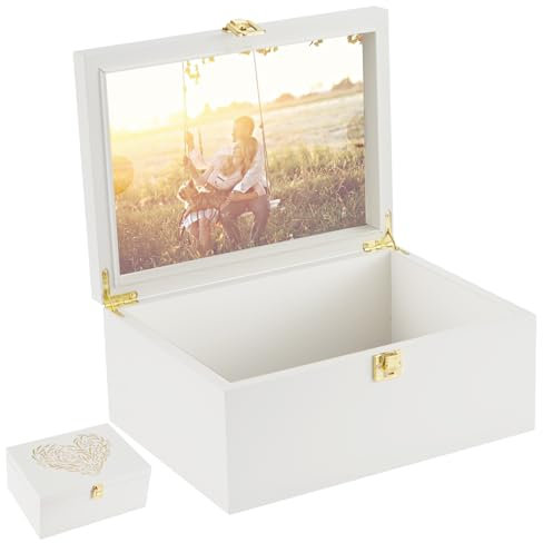 Larger Wooden Memory Keepsake Boxes With Hinged Lids and a photo frame inside the lid - Decorative Storage Box With a Hinge Lids For Picture Letter Time Capsule - 5.3“*8.6”*11.7“ off-white