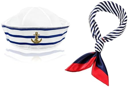 Streifen Matrosenmütze und Schal-Set,Sailor Hat Schal Set für Männer und Frauen Nautische Quadratische Imitierte Seidenschals Blau Schals Damen Matrosen Halstücher für Marineblaues Verkleidungsparty
