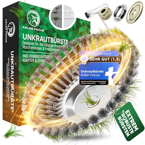 Adler Focus Cepillo de malezas premium [ganador de la prueba], nuevo desarrollo 2025, para desbrozadora, cepillo de hierba silvestre para desbrozadora para eliminar malas hierbas, orificio de 25,4 mm