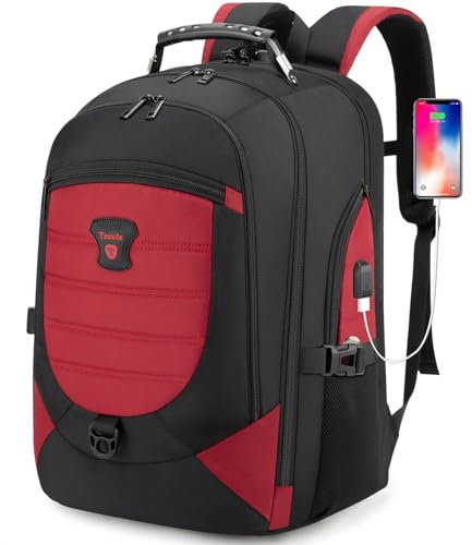 Tzowla Sac à Dos Voyage pour Ordinateur Portable de 17,3 Pouces PC,sac a dos Résistant à l'eau Antivol Avec Verrou et Port de Charge USB Pour le Travail Ecole College,la Randonnée - Rouge