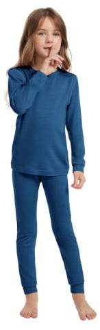 Woolcano Ensemble Thermique Enfant 100% Laine Mérinos, Haut et Pantalon Chauds pour Hiver, Ski, Patinage & Neige 190g/m² Bleu Marine 7-8