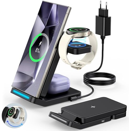 Faltbare 3 in 1 Induktive Ladestation für Samsung, Wireless Charger Kompatibel S25/S24/S23/Ultra/S22/S21/Note 20/10/ Z Flip/Fold 6/5, für Galaxy Watch Ultra/7/6/5, Buds-Schwarz
