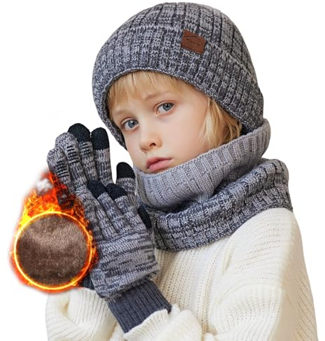 Wintermütze Kinder Schal Handschuhe 3PCs Fleece Gefüttert Beanie Strickmützen Warmem Mütze, Schal & Touchscree Handschuhe-Sets Verdicken Fleece Thermisch für Jungen Mädchen