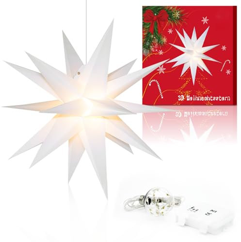 KUCU Weihnachtsstern mit Beleuchtung Außenstern mit Timing, Weihnachtsstern mit Batterien LED Star Lights, 3D Leuchtstern Außenbeleuchtung Weihnachtsdeko, Weiß 45X45CM