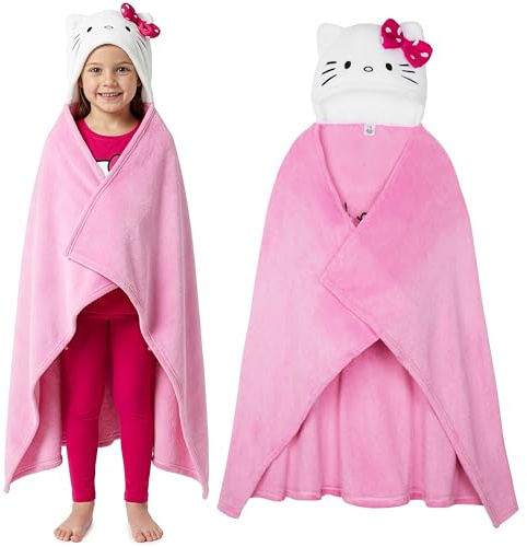 Hello Kitty Sanrio Kuscheldecke Kinder Teenager mit Kapuze, 90x130cm, Kuromi Cinnamoroll Decken Poncho Kawaii Fleece Decke, Anime Geschenke Mädchen