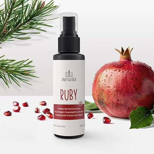 Duftglück Geruchsneutralisierer Ruby - Herbstlicher Neutralisierungsspray Hunde & Katzen Gerüche I Katzenurin Geruchsentferner I Raumspray gegen Hundegeruch I Duft: Granatapfel & Kräuterextrakt I 60ml