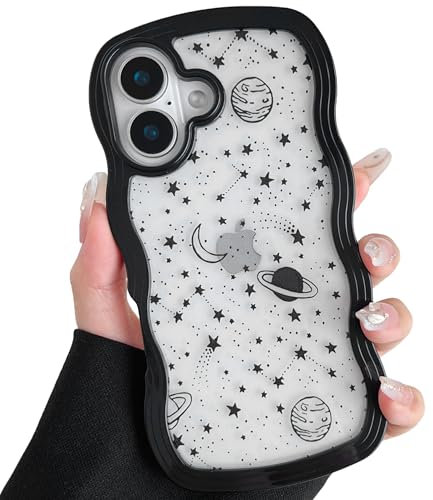 ZTOFERA Wavy Case for iPhone 16 (6.1), Cute Clear Protective Case with Planet Star Moon Pattern, Hard PC Colored Wave Frame Soft Silicone Bumper Shockproof Cover for Girls Women, Black