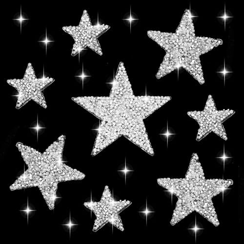 24 Stück Bügel Flicken Sterne Aufbügel Patches Bügelbild Glitzer Stern Bügelpatch Bügelaufkleber 4/6/8cm Silber Strasssteine zum Aufbügeln für Kleidung T-Shirt DIY Rucksack Clothes Jeans