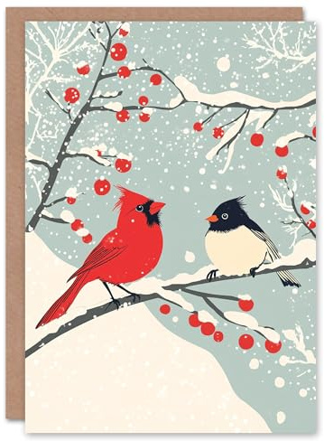 Artery8 Cardinal Birds on Berry Tree Winter Blank For Him Or Her Art Xmas Festive Christmas Card