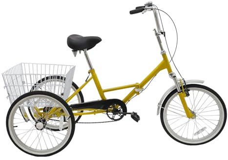 Levkitch 20 Zoll Faltbares Dreirad für Erwachsene,3 Räder Fahrrad klappbar Trike mit Einkaufskorb,Höhenverstellbares Tricycle für Jungen Mädchen Damen Herren Senioren (Gelb)