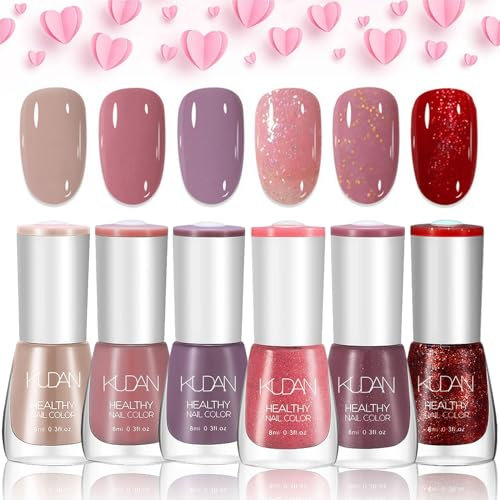 DMQ Nail Polish Set, 6Pcs Nude Pink Nail Varnish Kit - Quick Dry & Long Lasting Glitter Nail Polish Gel - Non-Toxic Holographic Nail Paint for Teenage Girls DIY Nails at Home - No Need UV/LED Lamp