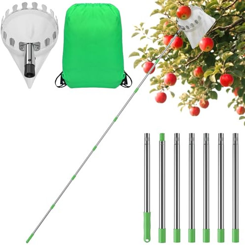 2.8m Recogedor de frutas Recogedor de manzanas de con mango telescópico de acero inoxidable ligero y bolsa de algodón, fácil de montar