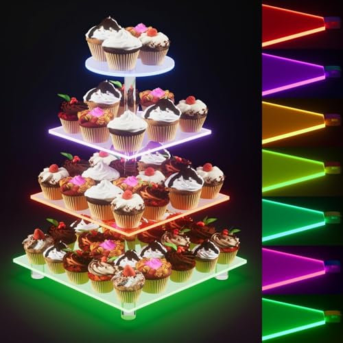 Cupcake-Ständer, 4 Etagen, Kuchenständer mit integrierter, verstellbarer LED-Lichterkette, transparent, quadratisch, Acryl, ideal für Weihnachten, Hochzeit, Babyparty, Geburtstagsparty