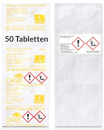 Wicked Chili Travel Wasseraufbereitung Trinkwasser (50 Tabletten je 1 Liter) Wasserentkeimung & Trinkwasseraufbereitung - für Wandern & Campen, Notfallrucksack Reiseapotheke, Notfall Ausrüstung