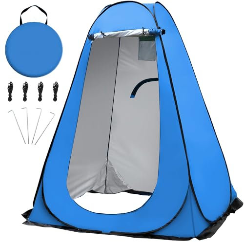 OUUTMEE Tente de douche pop-up portable pour camping, vestiaire UV/pluie, abri d'intimité pour extérieur, randonnée, plage, pique-nique, pêche, 1,5 x 1,9 m (bleu)