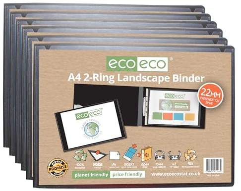 eco-eco EC0146 x 6 A4 95% recyceltes Präsentationsbuch, 22 mm Rücken, 2 Ringe, Querformat, Schwarz, 6 Stück