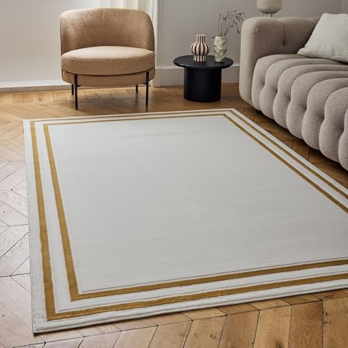 THE RUGS Carmel Modern Area Rug - Stain-Resistant, Non-Shedding, Durable Rugs for Living Room and Bedroom [ Bordered Gold, 80x150cm ]