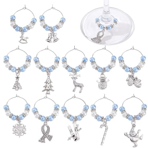 AHANDMAKER 12Pcs Winter Christmas Wine Glass Charms Reusable Glass Drink Rings Markers Holiday Xmas Snowflake Wine Tag Identifiers for Holiday Party Dinner Party Family Gathering