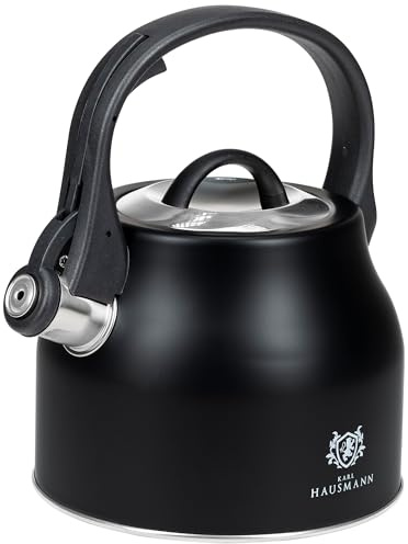 KARL HAUSMANN Wasserkessel Induktion (2,3 L), Schwarz mit Pfeife, FORTIS | Edelstahl Teekessel für Gasherd und Glaskeramik, abnehmbarer Deckel, Flötenkessel mit wärmeisolierendem Griff