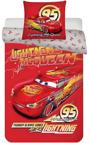 Disney Cars Bettwäsche-Set für Juniorbett | Bettbezug 100x135 cm & Kissenbezug 40x60 cm, 100% Baumwolle | Weiche & atmungsaktive Kinderbettwäsche | Lightning McQueen Bettwäsche-Set für Kleinkinder
