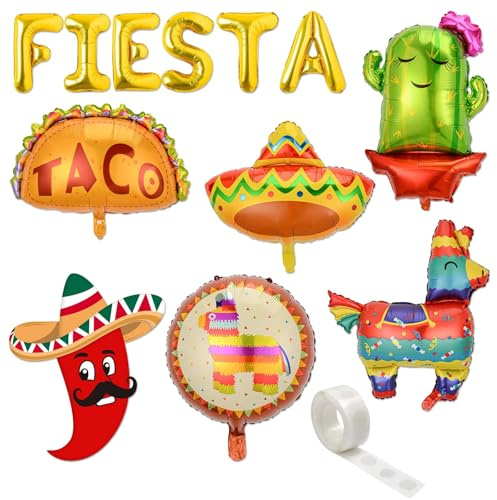 WUERKIYA Mexikanisches Dekor Set 6 Stück Folienballons mit Banner Taco Design Fiesta Dekoration Cinco de Mayo Raumdeko Event Deko wiederverwendbar