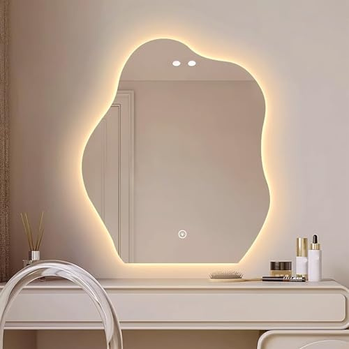 Zhoudong Modern Unregelmäßiger Badspiegel, 3 Lichtfarbe Schminkspiegel mit Beleuchtung Einstellbar, Rahmenlos Wandspiegel mit Beschlagfrei, Touch-Schalter(48inch/120cm)