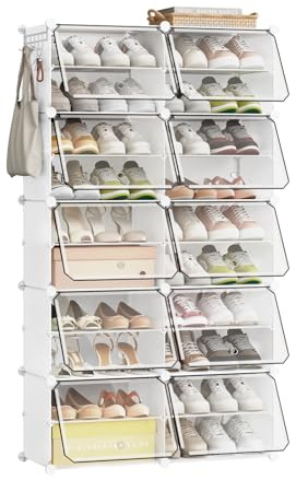 WOLTU Schuhregal, Schuhschrank mit 10 Fächern, Platzsparend, Mit Haken, Schuhablage Kunststoff, für Flur Schlafzimmer Eingang, Schuhaufbewahrung für 40 Paar Schuhe,Bis Größe 44, Weiß