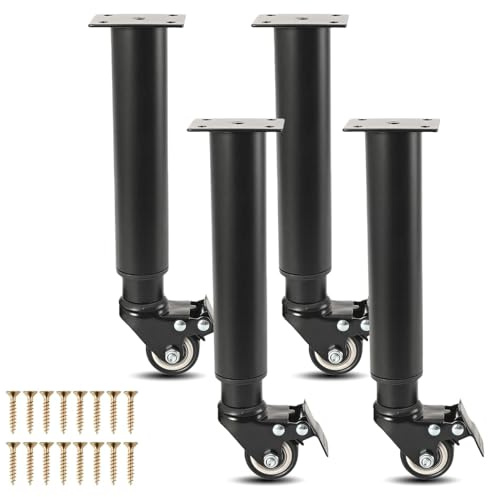 4 Stücke Höhenverstellbare Füße mit Rollen, 360 Grad Drehbar Möbelfüße | Verstellbare Höhe 24-36cm, 330,69 lbs Metall MöBelbeine Tischbeine Mit Rollen Für Sofa Bett Schrank, Schwarz